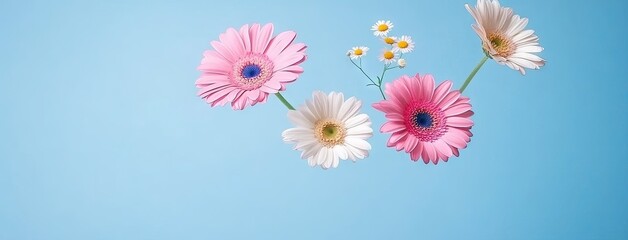 Fototapeta premium Delicate gerbera daisies and wildflowers floating gracefully on a serene blue background, perfect for spring or summer greeting cards