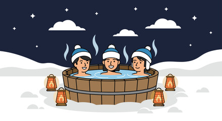 Three friends enjoy a cozy winter night in a steaming hot tub under the stars with glowing lanterns, creating a warm and inviting atmosphere