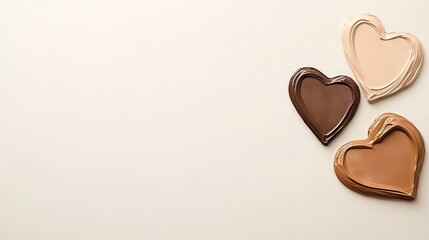 Heart-shaped foundation swatches in light and dark shades on a creamy background showcasing beauty and diversity in cosmetics
