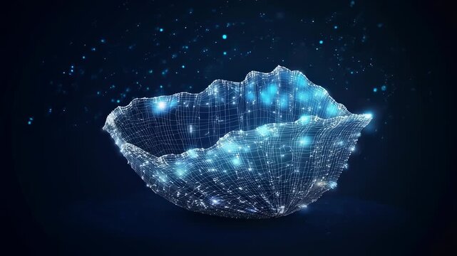 Blue Digital Seashell Formation on a Dark Surface with Glittering Sparks, ideal for futuristic