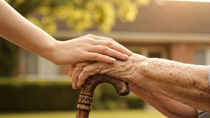Caring Hand on Senior Hand Holding Cane Under Sunny Light Background Medical Assistance Symbolizing Geriatric Support and