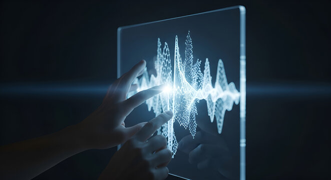 Hands touching a glowing digital waveform interface on a transparent screen.