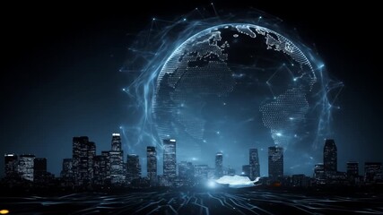 Digital globe and cityscape technological concept in dark environment - Powered by Adobe