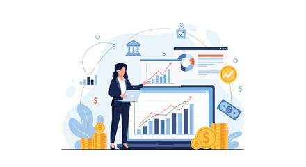 Professional businesswoman presenting financial growth charts on laptop, ideal for illustrating business success and investment strategies