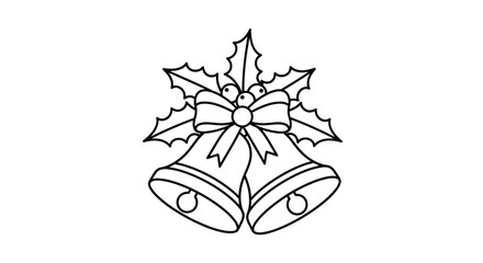 Simple line art illustration of two festive Christmas bells decorated with holly and a bow, perfect for holiday coloring pages.