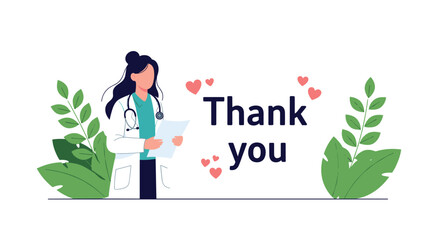 Female doctor expressing gratitude with a thank you message, surrounded by hearts and green foliage, symbolizing appreciation for healthcare professionals.