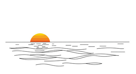 Simple line art illustration of a colorful sunset over the ocean, featuring a partially submerged sun and calm waves with reflections.