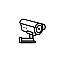 A CCTV camera symbol with an editable stroke outline is depicted in isolation on a white background as a flat modern illustration, and is pixel perfect, measuring 64 x