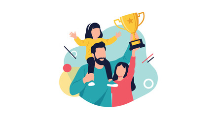 Obraz premium A happy family, with a father and his two children, joyfully celebrates their success by holding up a golden trophy.
