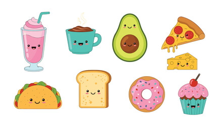A cheerful assortment of kawaii-style food and drink characters, illustrated with happy faces on a white background.