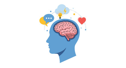 Concept illustration of a human mind, showing the brain within a head silhouette, linked to elements of communication, innovation, and emotion.