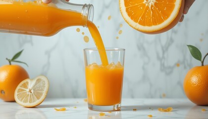 Funny animated orange character happily pouring fresh juice into a glass, vibrant and playful concept with bright colors on a white background