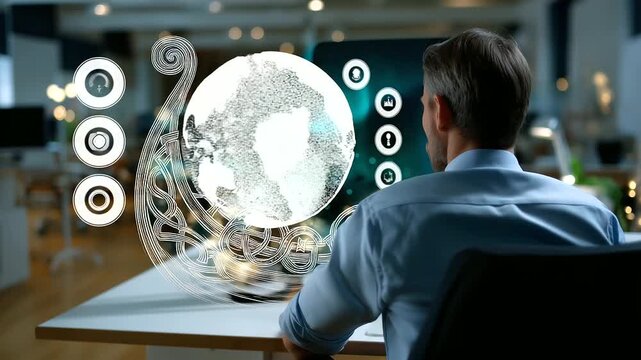 Back view of person at desk with clear focused illustration of Viking longship prow and Celtic motifs, with copy space