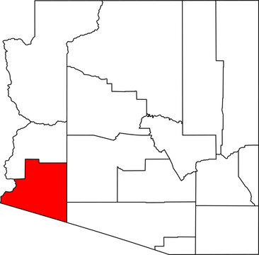 Map of Arizona highlighting Yuma County in Red. Perfect for projects on the Colorado River, US-Mexico border, desert agriculture, and Southwestern Arizona geography.