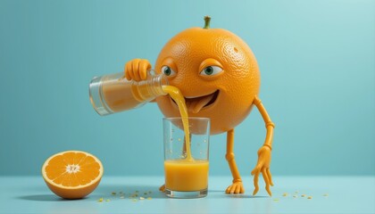 Funny animated orange character happily pouring fresh juice into a glass, vibrant and playful concept with bright colors on a white background