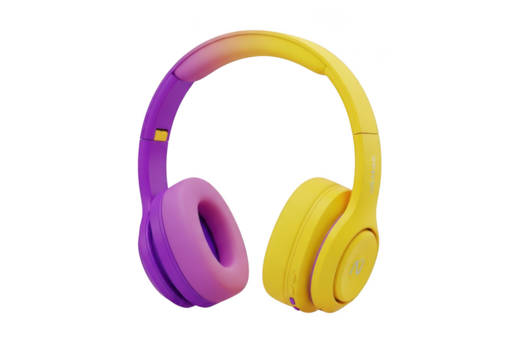 Vibrant purple and yellow headphones isolated on transparent background