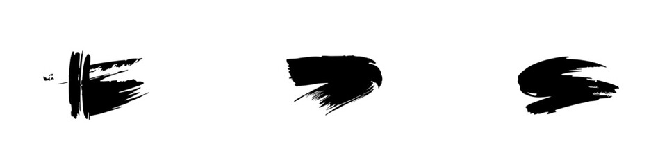 three abstract black brush strokes on a transparent background, creating a textured and artistic composition