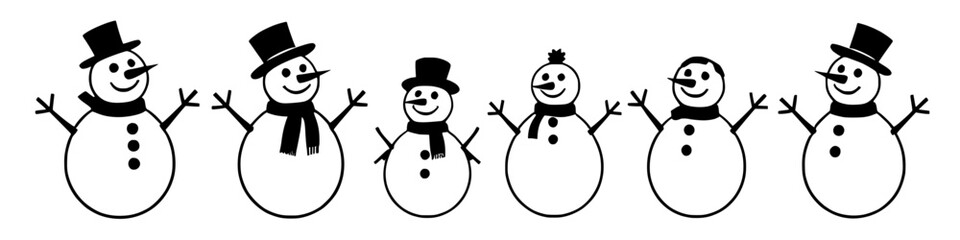a cheerful row of snowmen in black and white line art