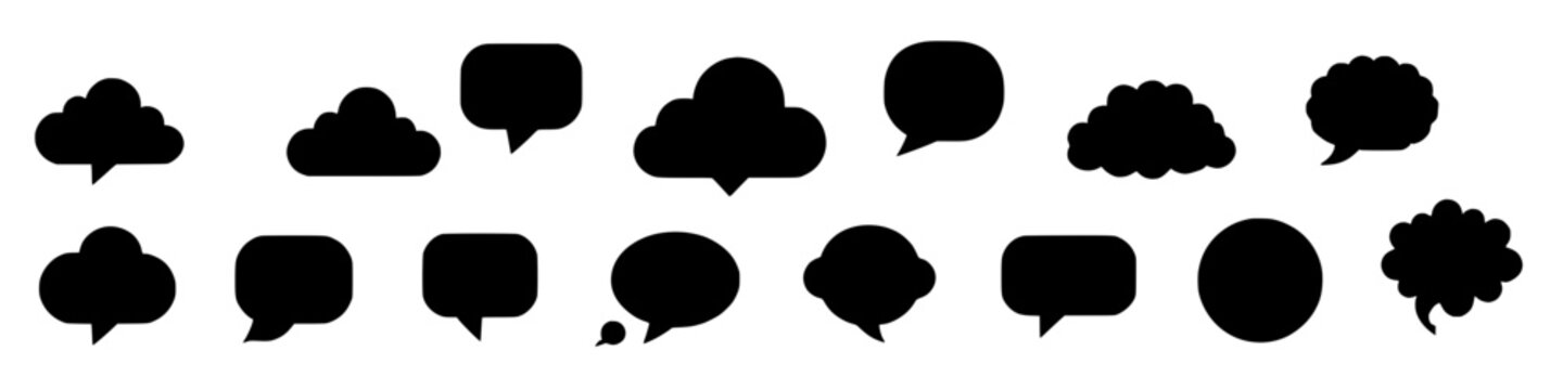 collection of diverse black speech bubble and thought bubble shapes on transparent background