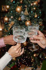 Multiethnic group of young adult hands clinking crystal glasses in front of decorated Christmas tree, celebrating festive occasion with sparkling drinks