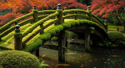 Moss-covered bridge in a serene japanese garden with colorful autumn foliage