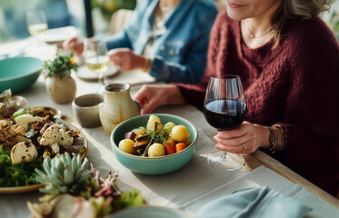 Mature woman holding red wine glass during lunch with friend enjoying natural light dining