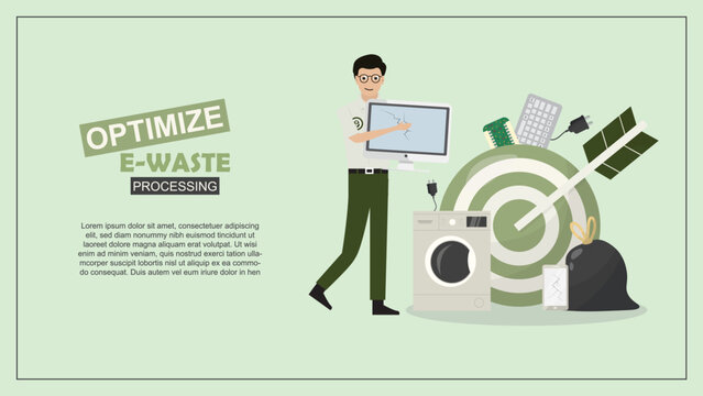 Optimize E-Waste Processing. Professional optimizing e-waste processing, with electronics, recycling symbols, and targets. Electronics waste. E-waste concept. Flat design. Vector illustration