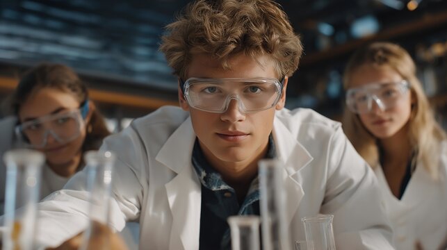 A senior leads a science club experiment in a lab with beakers bubbling, goggles on, lab coats flapping, and a whiteboard filled with formulas, captured in a scientific photo with liquid swirls, - Powered by Adobe