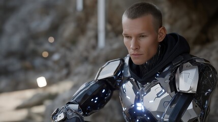 Futuristic android in scientific environment with glowing digital genesis chamber integrated inside, highlighting robotic generative future, advanced artificial systems, and speculative innovation.