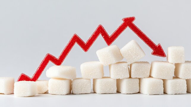 Downward arrow indicates decline in sugar consumption alongside a mound of sugar cubes representing changing dietary trends
