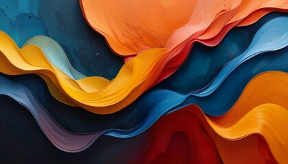 Vibrant abstract waves of colorful paint blending in fluid motion, showcasing orange, yellow, blue, and red layers with dynamic texture and artistic energy