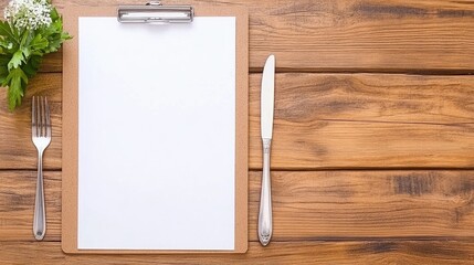 Stylish blank menu on a wooden table with cutlery and fresh herbs, ideal for restaurant branding and creative dining concepts