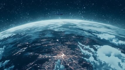 Animated aerial view of planet earth with aircraft at night - Powered by Adobe