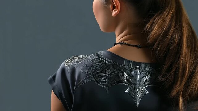 Back view of designer's shoulders framing focused detailed dragon prow drawing with knotwork patterns, with copy space