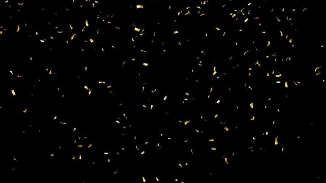 4K Shiny Metallic Gold Confetti Falling Seamless Looping Video on Black Background with glittering festive particles. real gold confetti rain isolated for festive holiday celebrations gold confeti
