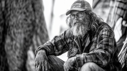 Black and white portrait of a contemplative man with long beard in outdoor environment - Powered by Adobe