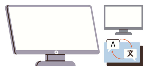 Desktop monitor beside translation icons of speech bubbles with arrows. Ideal for communication, technology, language learning, globalization, education, software, content creation. Simple flat