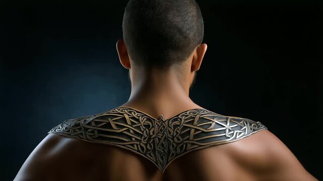 Back view of designer's shoulders framing focused detailed dragon prow drawing with knotwork patterns, with copy space