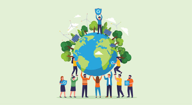 Diverse team collaborating for vibrant sustainable world with wind turbines and solar panels on Earth for eco friendly future focus