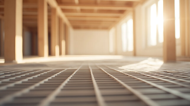 Sunlit interior of a building under construction, featuring a wooden framework. The construction highlights the structure's design and potential, creating a bright and open space.