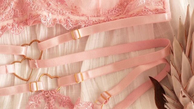 Women's set of erotic and beautiful underwear. Pink transparent bra with a heart and thong with pink lace. Elegant gift