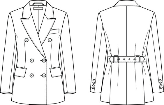 Double breasted blazer sketch, tailored jacket flat drawing, fashion technical illustration, menswear coat design, vector apparel template, cad drawing flat vector illustration