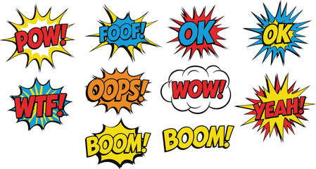 Comic sound effect text, pop art explosion, retro cartoon bubble, colorful action words, boom pow wow, vector illustration, cad drawing flat vector illustration