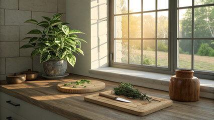 Herbs and plants on a windowsill with natural light and a garden view
