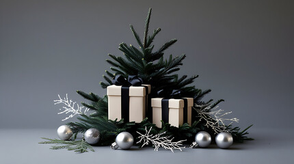 Festive christmas tree with gifts and ornaments on a neutral background