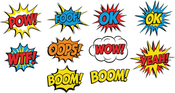Comic sound effect text, pop art explosion, retro cartoon bubble, colorful action words, boom pow wow, vector illustration, cad drawing flat vector illustration