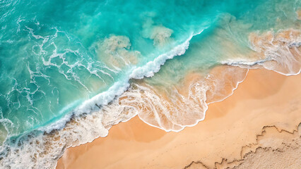 Aerial view of turquoise ocean waves crashing on a sandy beach