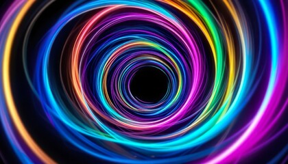 Vibrant neon light waves in a futuristic vortex design, blending glowing rainbow colors that create a dynamic, modern, and mesmerizing digital abstract background