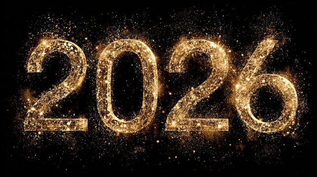 The image is a gold-colored, glittery font that says "2026" in a black background. The font is designed to look like a sparkly, celebratory message, and the gold color adds to the festive atmosphere