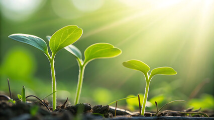 Three young green seedlings growing in sunlight with soft focus background